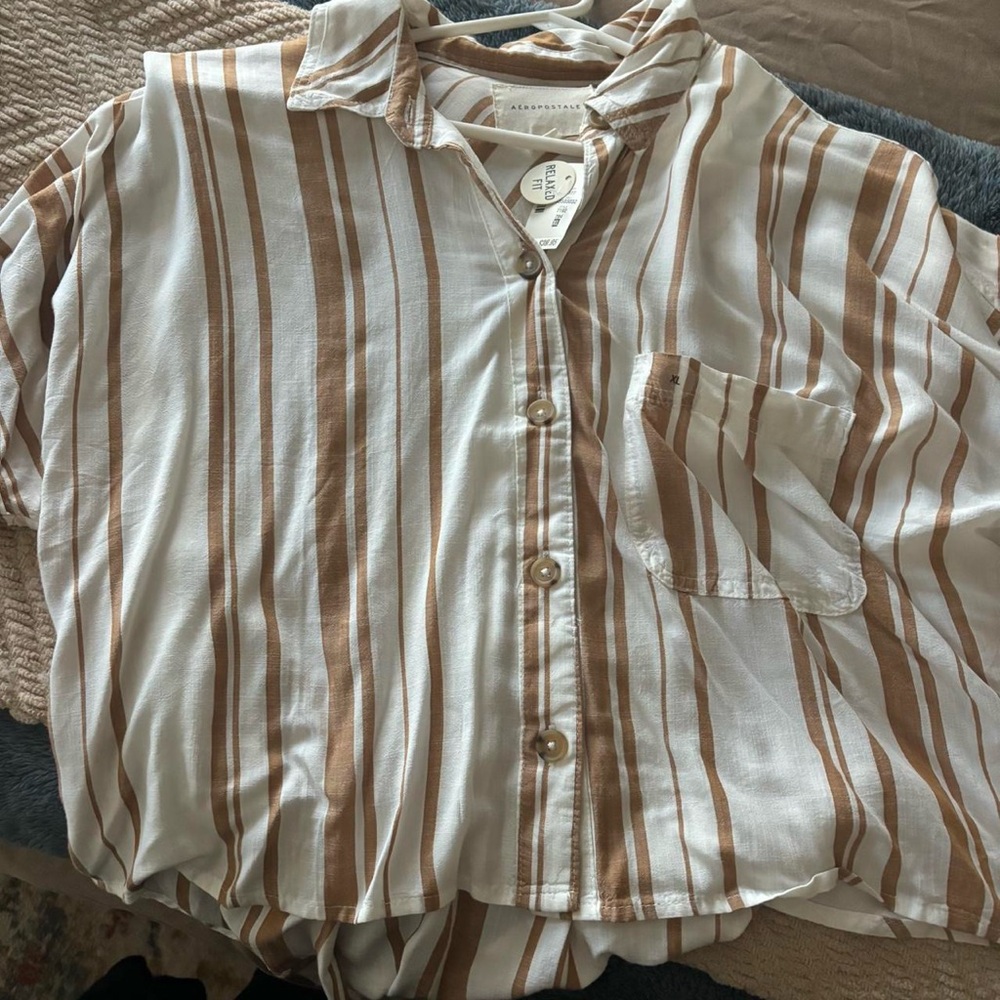 Aeropostale Brown and White Striped Cropped Shirt